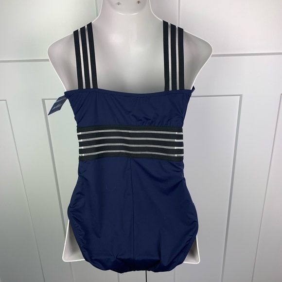 NWT Hilor One Piece Swimsuit Size 16 Navy Blue Black Sheer Straps - Picture 6 of 7